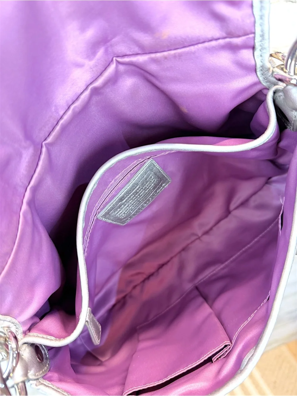 Coach Soho Purple Gray Op Art Satin Shoulder Bag Silver Buckle Hobo Purse